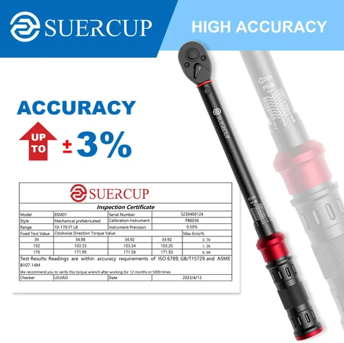 Vista 2 de SUERCUP - Llave dinamométrica de clic de 100 dientes de próxima generación, 1/2 pulgada, 10-170 pies 13.6-230.5 N.m, ±3% Accuracy, 3.6° Arc Swing