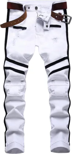 Vista 41 de Baylvn - Pantalones de mezclilla para hombre con diseño patchwork, ajustados y cómodos, estilo motociclista 3132 Camuflaje y azul