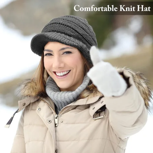 Vista 6 de SATINIOR Gorro de punto de invierno para mujer, gorro de ala de invierno para mujer, gorro holgado con visera, cálido gorro de calavera de Newsboy