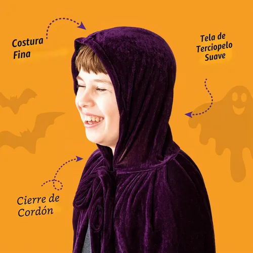 Vista 3 de ArtCreativity Capa de terciopelo con capucha para niños, 4 pies de largo, capa negra profunda con capucha y cierre de cuerda, accesorios medievales