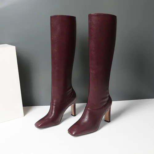Vista 5 de MODENCOCO Botas altas hasta la rodilla de cuero con punta cuadrada mate para mujer de 3 pulgadas