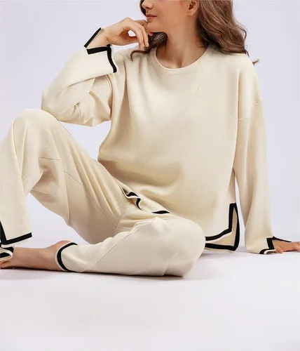 Vista 4 de Conjunto de 2 piezas de suéter para mujer, conjunto de punto de manga larga, sin botones, pantalones de pierna ancha