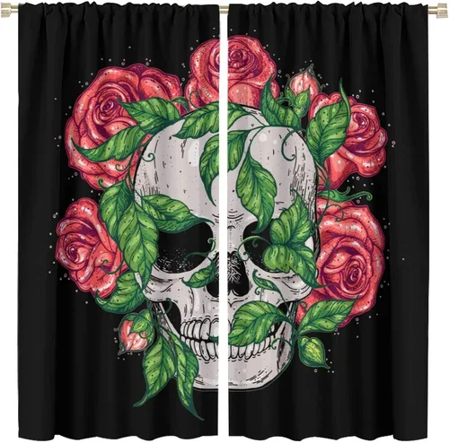 Vista 18 de Cortinas de cabeza de calavera, calavera blanca y rosas rojas con ramas y hojas negras, cortinas opacas decorativas para sala de estar, dormitorio