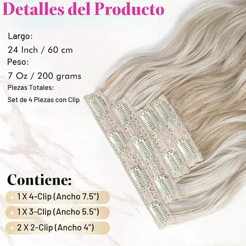 Vista 4 de REECHO Extensiones de cabello con pinza, 4 piezas de extensiones de cabello rubio de 24" de largo, ondas de playa gruesas, HE003, trama de encaje