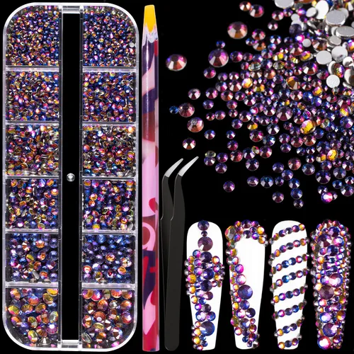 Vista 16 de Juego de 3440 piezas de cristales de vidrio transparente blanco y AB, en 6 tamaños con lápiz recogedor, pinzas para manicura con brillo iridiscente
