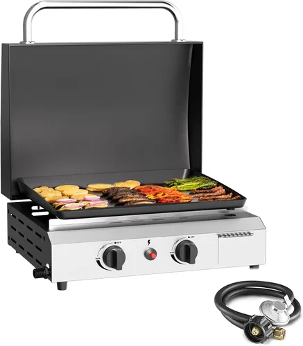 Vista 18 de SKOK Parrilla de gas de 3 quemadores con campana, parrilla de propano para exteriores de 25.6 pulgadas, parrilla de gas portátil con parte superior