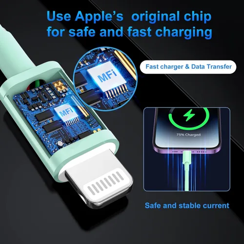 Vista 3 de Cargador para iPhone de carga rápida, [certificado MFi] Cargador de pared USB C de 20 W con cable USB C a Lightning de 6 pies, cable de carga rápida