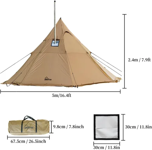 Vista 6 de Tienda Caliente con Toma para Estufa Onefires Tienda de Campaña Grande Tipo Tipi para Acampar en Familia al Aire Libre 4-8 Personas with Stove Jack