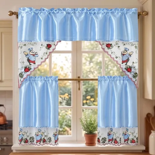Vista 10 de YHSF Set de cortinas de cocina de 3 piezas con cenefa - Juego de cortinas de ventana de 2 niveles y cenefa con diseño de bolsillo para barra