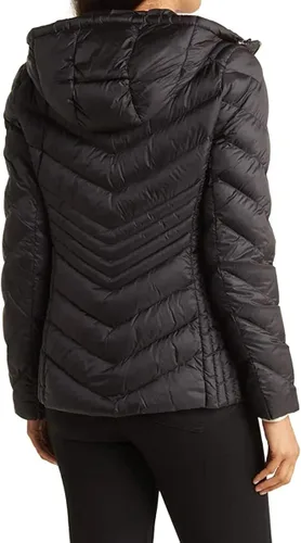 Vista 2 de Michael Michael Kors Abrigo con capucha de doble capa con cremallera 34 para mujer, color negro, talla L, Negro
