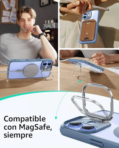 Vista 5 de ESR Funda para iPhone 16, Compatible con, Funda Protectora de Grado Militar, Funda para Teléfono con Soporte Stash Integrado, Cubierta Trasera Azul