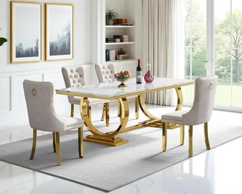 Vista 45 de Juego de mesa de comedor de 5 piezas para 4, mesa de cocina de mármol negro de 68 pulgadas con 4 sillas beige, mesa de comedor rectangular moderna