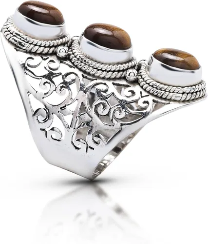 Vista 2 de Koral Jewelry - Anillo de encaje con diseño de ojo de tigre (3 piedras)