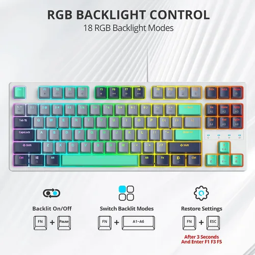 Vista 5 de Teclado mecánico 75% para juegos con interruptor rojo, retroiluminación LED RGB, teclado de computadora con cable TKL de 87 teclas para Windows