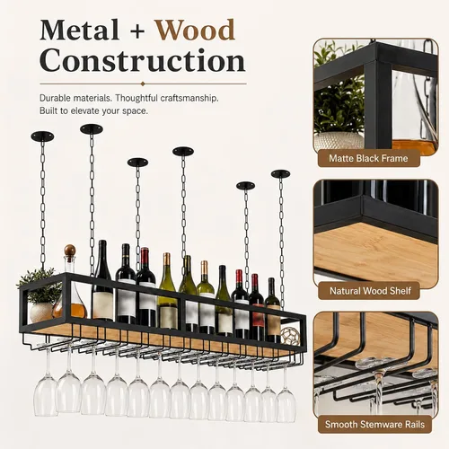 Vista 6 de Estante de techo para copas de vino, estante colgante para vino con soporte para vidrio y estante, soporte para botellas de vino colgante industrial
