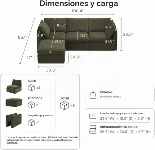 Vista 2 de mopio Sofá Seccional Modular de Gran Tamaño con Fundas Completamente Removibles y Almacenamiento, Convertible en U, Forma de L y Seccional Cama