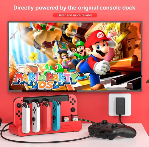 Vista 6 de Base de carga para controlador de interruptor compatible con Nintendo Switch OLED Mario Red Edition y Switch Model Joycon, estación de carga