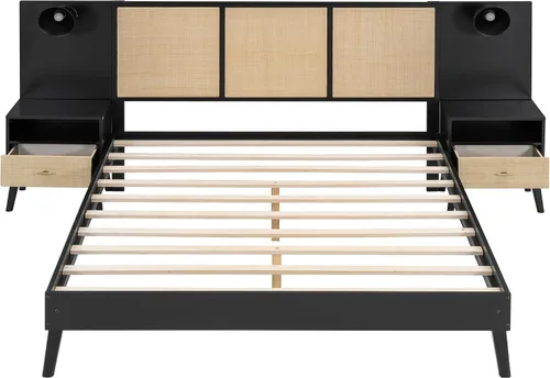 Vista 5 de Harper & Bright Designs Cama de plataforma tamaño Queen con 2 mesitas de noche y 2 lámparas, cama Queen de madera con cabecero, combinación de ratán