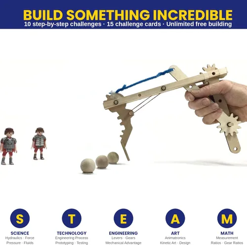 Vista 6 de PATHFINDERS Juego de ingeniería: kit de construcción STEM de madera real Hidráulica, engranajes, palancas y poleas 10 desafíos + 15 tarjetas
