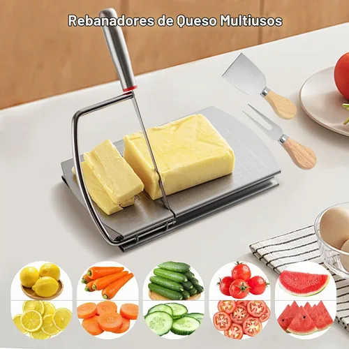 Vista 5 de Rebanador de queso con 2 piezas de cuchillo de queso, cortador de queso multiusos de acero inoxidable para queso en bloque con juego de 2 piezas