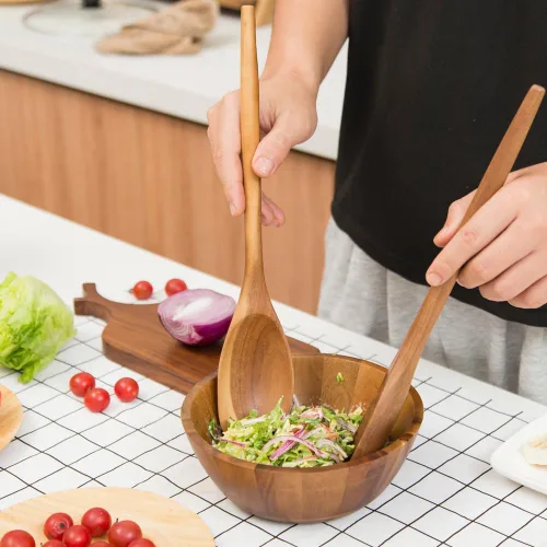 Vista 4 de 2 cucharas de madera de acacia para cocinar, cucharas de cocina de acabado liso de 14 pulgadas, cucharas de madera de agarre cómodo para cocinar
