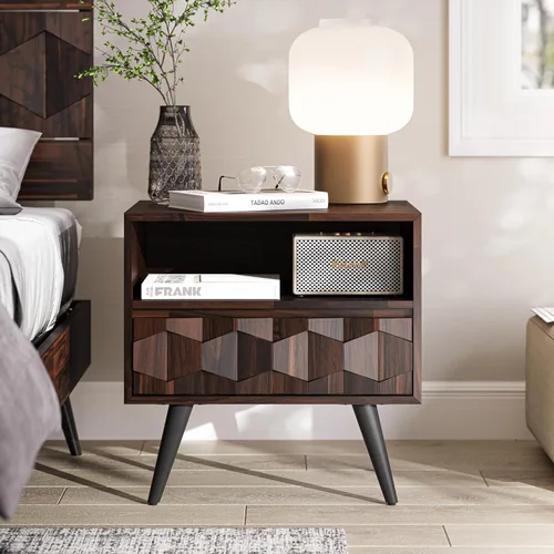 Vista 17 de Bme Caden Mesita de noche/Mesa auxiliar/Mesa de centro de madera maciza, completamente ensamblada, con 1 cajón para dormitorio y sala de estar