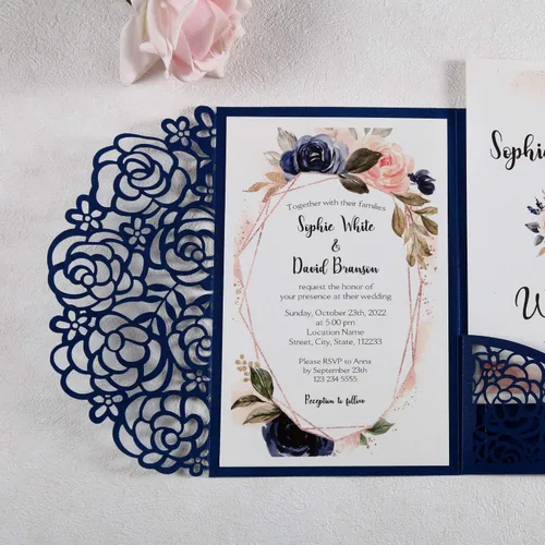 Vista 6 de Juego de 50 invitaciones de boda en blanco azul marino de 4.7 x 7 pulgadas, cortadas con láser, tarjetas de invitación de boda con sobres para boda