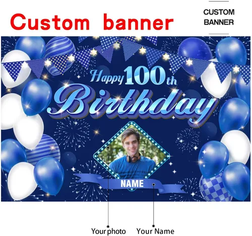 Vista 2 de Dicodes Fondo de decoración de feliz cumpleaños número 100 color azul marino personalizado, cartel con purpurina, pancarta, suministros