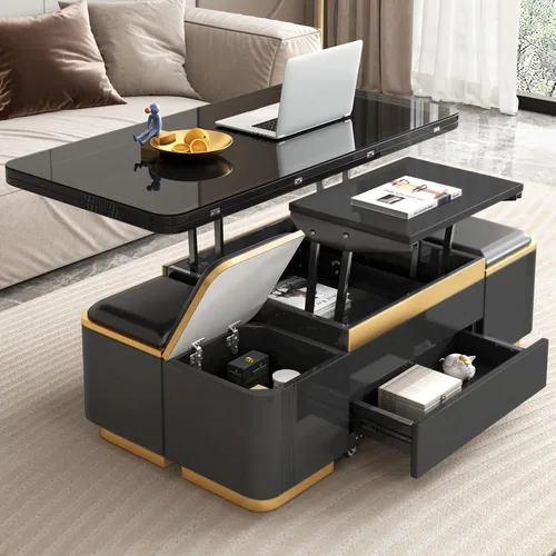 Vista 3 de Guyii Mesa de centro elevable con taburetes de almacenamiento, mesa central multifuncional negra con cajones, moderna mesa de comedor extensible