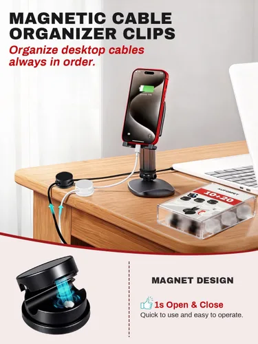 Vista 2 de Paquete de 10 soportes magnéticos giratorios con caja, clips giratorios de 360° para mesita de noche, con adhesivo fuerte sin residuos