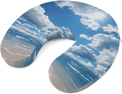 Vista 6 de Blue and White Cloud Neck Pillow Memory Foam U Shaped Pillows Portable Pillows for Shoulder Travel Head Support Pillow with Concealed Zipper for