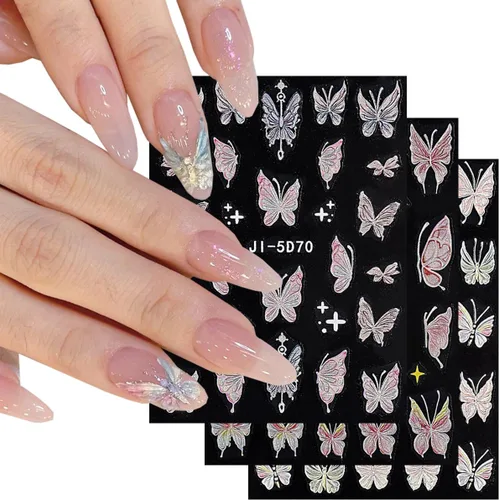 Vista 49 de 5 hojas de calcomanías de arte de uñas de mariposa, 3D coloridas mariposas, suministros de arte de uñas, mariposas, flores, calcomanías Con