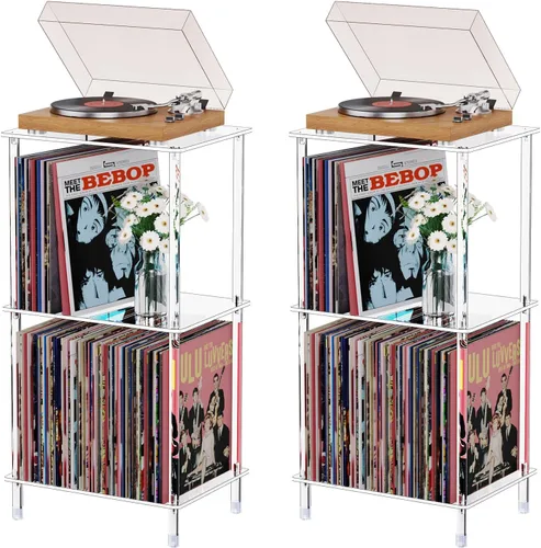 Vista 7 de Soporte acrílico para tocadiscos, mesa giratoria transparente de 3 niveles con almacenamiento de discos de vinilo, 15.75 pulgadas de largo x 11.81