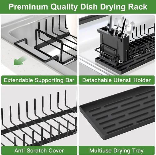 Vista 7 de Estante de secado de platos sobre el fregadero, expandible, pequeño, negro, escurridor para secar para la encimera de la cocina, metal de acero