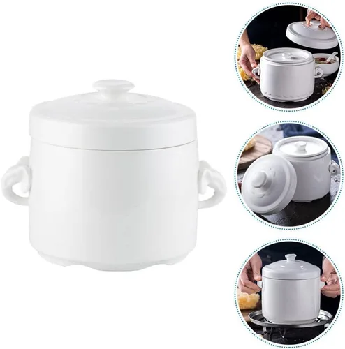 Vista 3 de Hemoton Olla de cerámica para estofado de 3.74 x 3.74 x 4.13 pulgadas, pequeña olla blanca con tapa para huevos al vapor, natillas de pájaros, nido