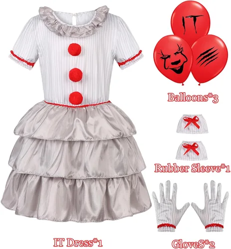 Vista 2 de Disfraz de payaso aterrador para niñas, disfraz de Halloween espeluznante película de terror para cosplay