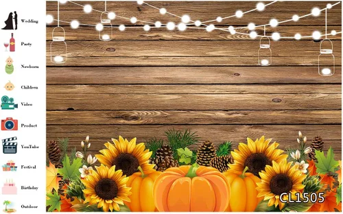 Vista 3 de LB Telones de fondo de Acción de Gracias para fotografía, cosecha, calabaza, girasoles de pino, madera rústica, fondo de fotos, pancarta de fiesta