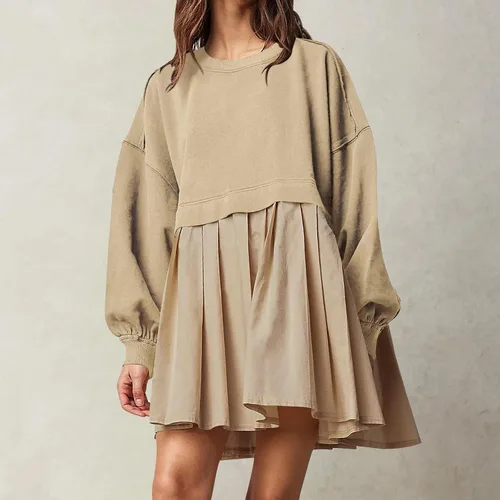 Vista 3 de Vestido de sudadera de gran tamaño para mujer, manga larga, cuello redondo, sin botones, ajuste relajado, mini vestido