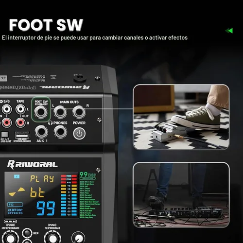 Vista 5 de Mezclador de interfaz de audio de 6 canales, tablero de sonido 99 DSP efectos digitales con interfaz Bluetooth USB Rac de 48 khz/24 bits como