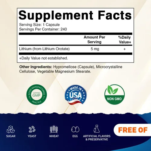 Vista 2 de Vitamatic Orotato de litio de 5 mg, 240 cápsulas vegetales, sin OMG, sin gluten.