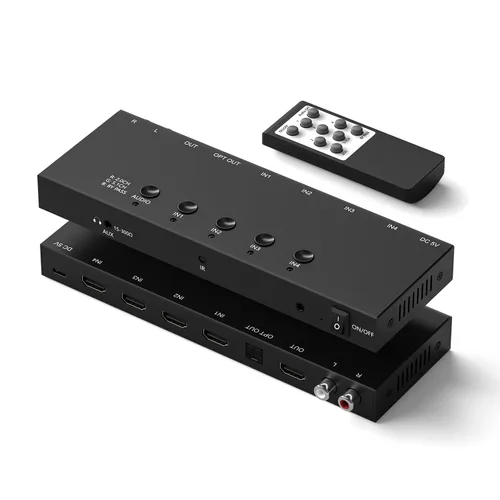 Vista 8 de 8K HDMI Switcher, 4HDMI in- 4 Out(HDMI Output/Optical Digital Audio Output/Analog L/R Stereo Audio Output/3.5mm Analog Stereo Headphone Output) with