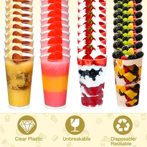 Vista 2 de Chengu Mini vasos de postre de plástico transparente de 3 onzas con cucharas, tazas redondas de postre para parfait, vasos de chupito de aperitivo