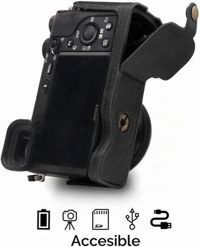 Vista 5 de MegaGear MG1641 Ever Ready - Media funda de cuero genuino para cámara compatible con Sony Alpha A6100, A6400 - Negro