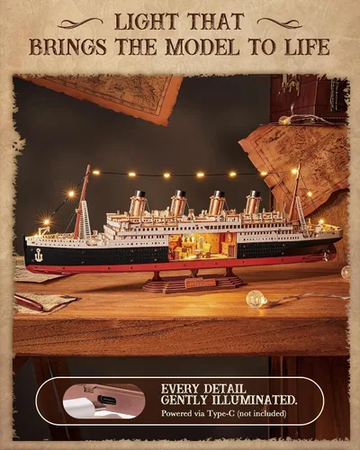 Vista 3 de Rolife Rompecabezas de madera 3D para adultos, kit de modelo Titanic con luces LED, kit de construcción de barcos para decoración de escritorio