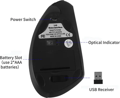 Vista 6 de Ratón vertical inalámbrico negro, ergonómico, vertical, de alta precisión, Ergo, óptico 2.4G, inalámbrico, ligero, con 3 botones ajustables