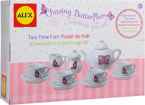 Vista 2 de Alex Chasing Butterflies - Juego de té de cerámica para niños, 13 piezas, incluye 4 tazas de té, 4 platillos, tetera con tapa, azucarero con tapa