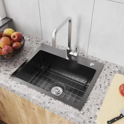 Vista 2 de Fregadero de cocina empotrable de 20" x 16" de acero inoxidable 304 de un solo compartimento montaje superior para bar con kit de drenaje y rejilla