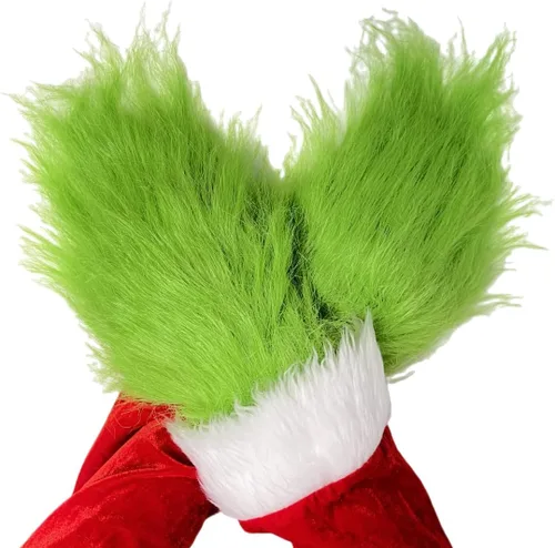 Vista 4 de Hefnoya Guantes de felpa de monstruo verde para adultos y niños, disfraz de Papá Noel de Navidad, accesorios de máscara de manos verdes, Guantes