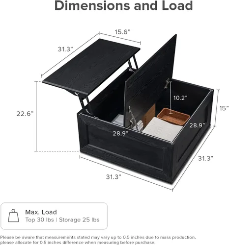 Vista 2 de Mopio Blake - Mesa de centro con tapa abatible y almacenamiento, mesa de centro cuadrada moderna de estilo rústico con parte superior fácil