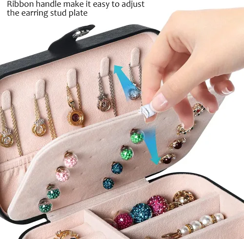Vista 5 de Joyero de viaje, organizador de joyas pequeño de piel sintética para mujeres y niñas, mini estuche de viaje portátil, cajas de almacenamiento